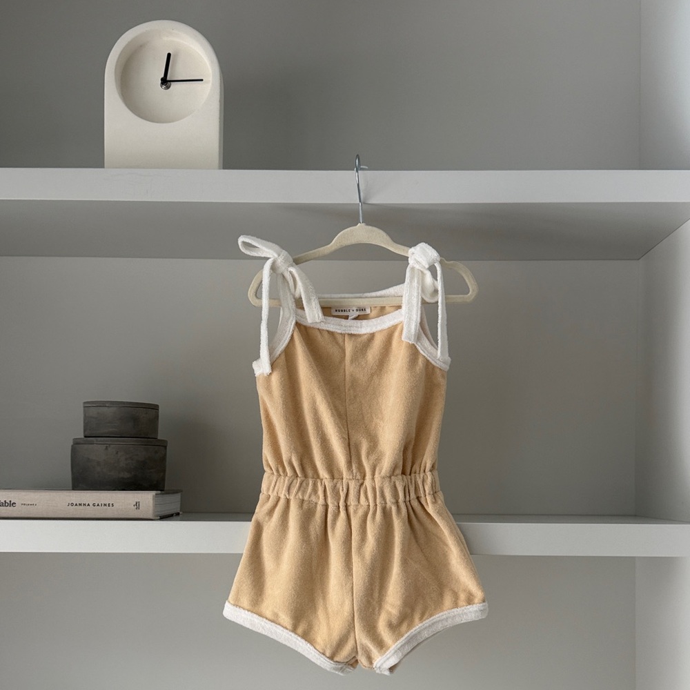 Hubble + Duke Girls Tan One-Piece Romper with Cream Trim and Tie Shoulders